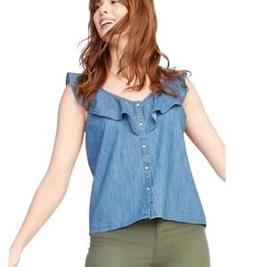 Old Navy Chambray Ruffle Neck Sleeveless Button Down Top Sz M Cottage Summer